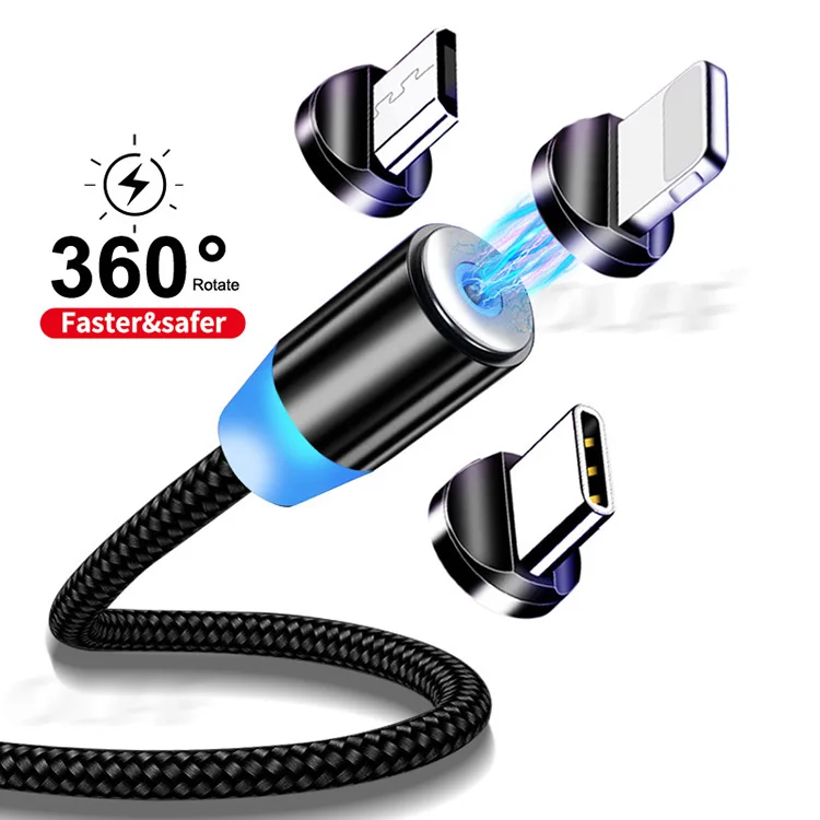 Magnet 3 In 1 Type-C, Led Wholesale Nylon Braided Magnetic Charging Micro Usb Mobile Cell Phone Data Cable/