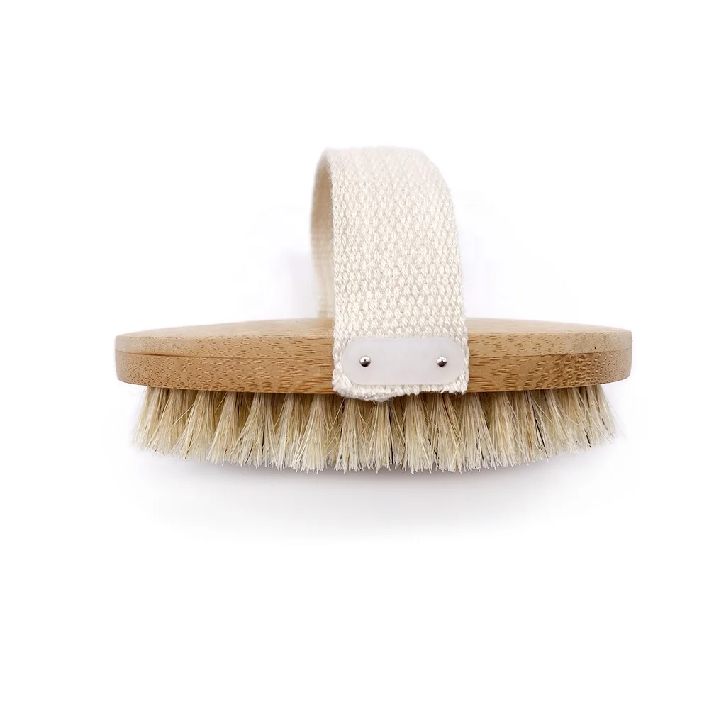 Hot Sale Wood Natural Bristle Dry Skin Body Brush With Total Bamboo Handle Hand Band For Nice Comfortable  Grip