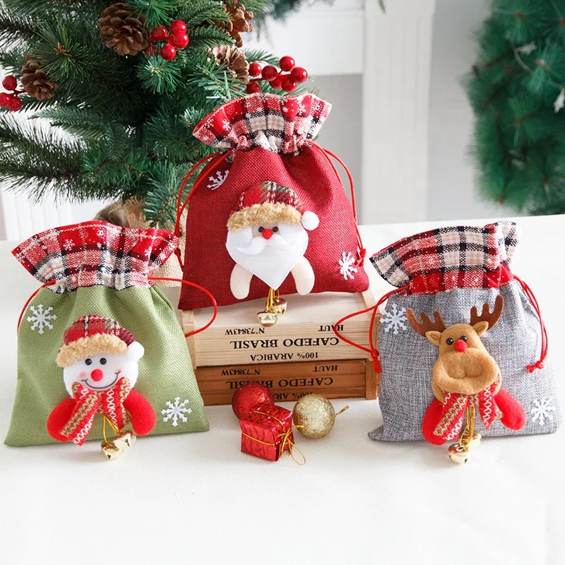 New cute linen candy gift drawstring jute bags christmas with bells