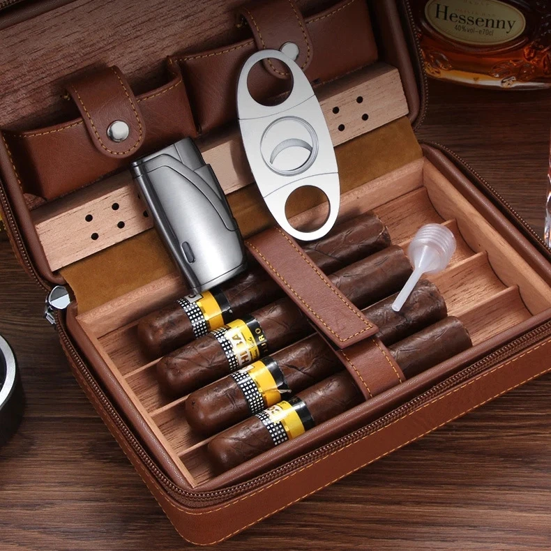 Wholesale Cedar Wooden Packaging Gift PU Leather Cigar Boxes for 4-10 Cigars