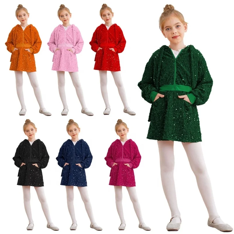 6-16 Kids Girls 2 Piece Suits Velvet Jacket Long Sleeve Hooded Coat With Skirt Sets For Christmas Jazz Dance Stage Performance
