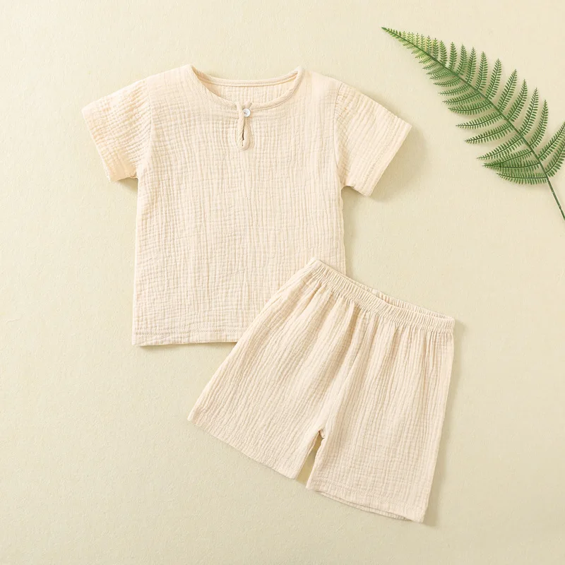 Factory Wholesale Baby Summer Pure Color Suit Baby Double-Decker Gauze Sets Baby Short Sleeve Thin Button Sets