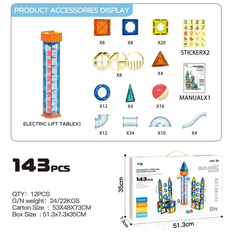 Electric magnetic pipe building blocks (143PCS) Electric lift pipe ball magnetic building blocks