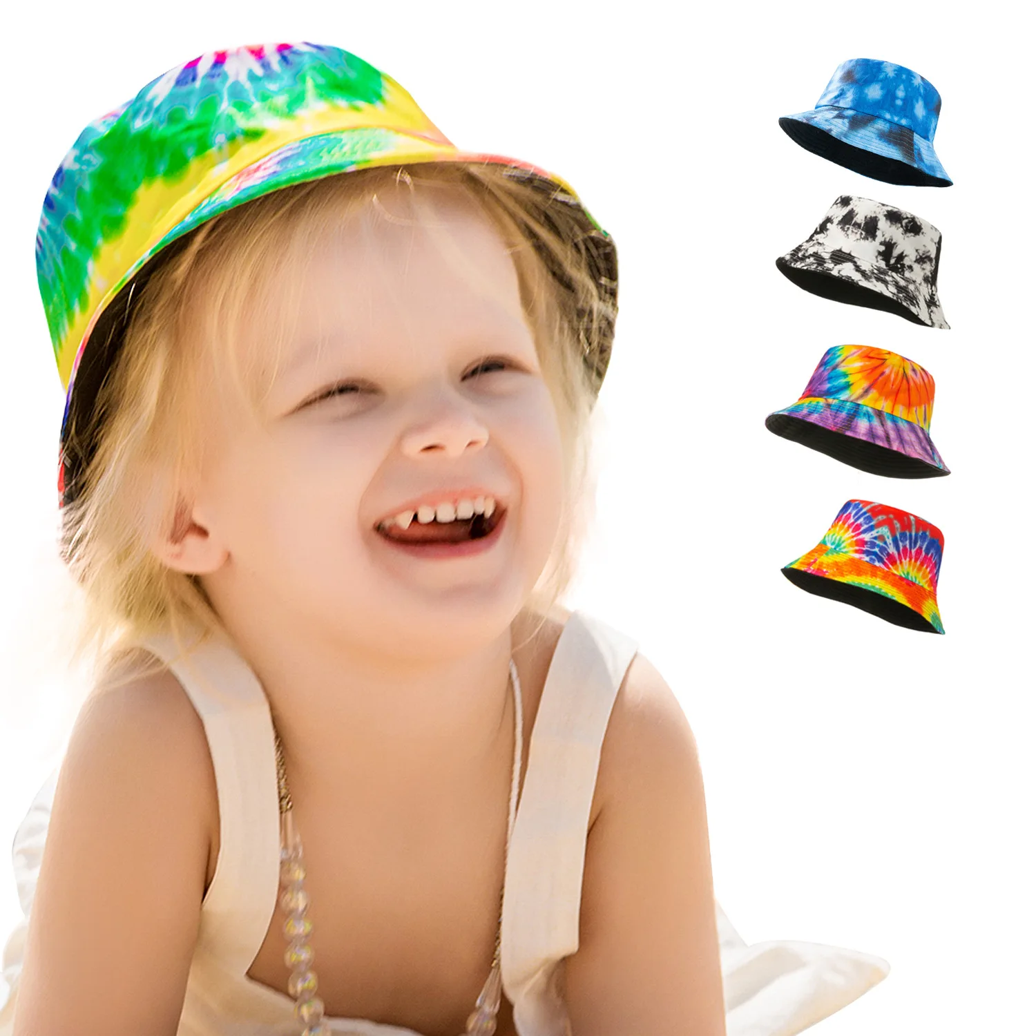 RTS Wholesale 2021 New INS Sunscreen Beach Kids Sun Hat Sunshade Breathable Children Tie Dye Bucket Hat