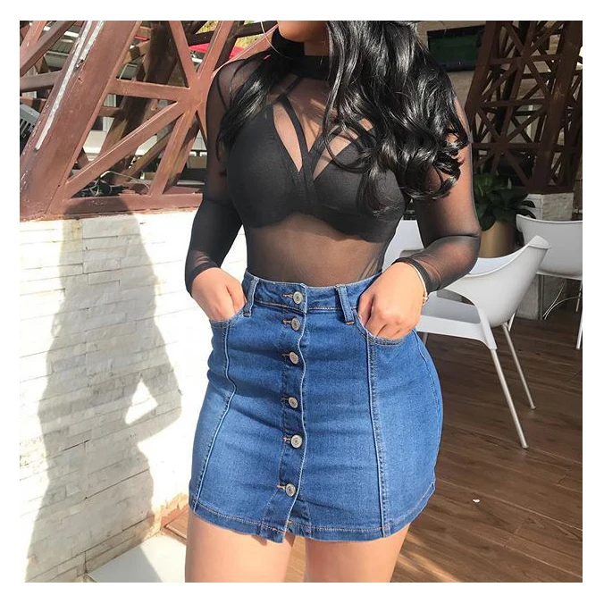 Ladies sexy jeans pencil skirt button mini women denim skirt