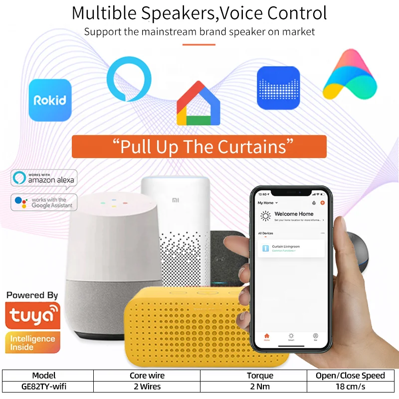 GE82TY-2N-WIFI TUYA WIFI Automatic Curtains Factory Smart Motorized Track MIJIA Mobile Phone Rail System Electric Curtain Motor