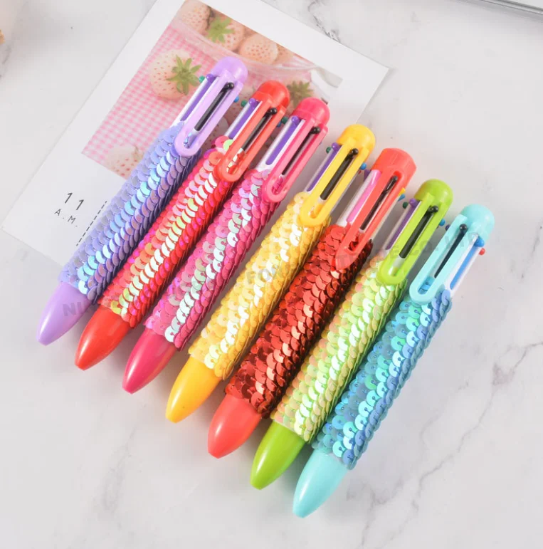 
promotional china cute sequin 6 colored plastic ballpoint pens school girl ball pen 