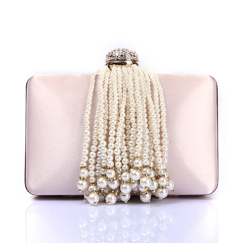 
Elegant Pearl Tassels Evening Wedding Bag Fashion Ladies Beaded Hardcase Clutch Purse 
