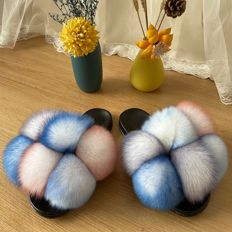 
Favorable Price Quality furry slide fluffy slippersfur 100 fox fur slides 