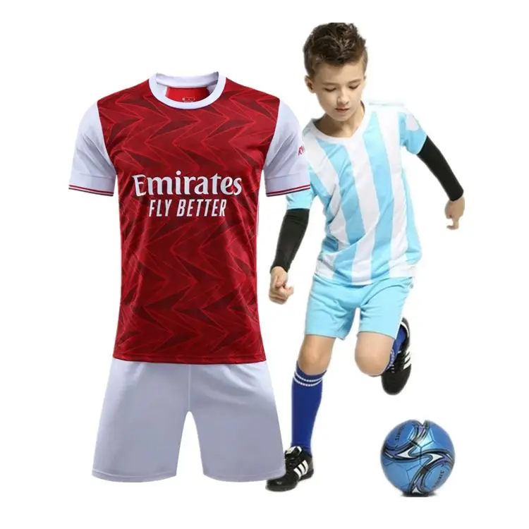 
2021 Latest Emirates Fly Short Sleeve Quick Dry Red Black Kids Football Uniform Set Original England Club Shirts Soccer Jerseys 