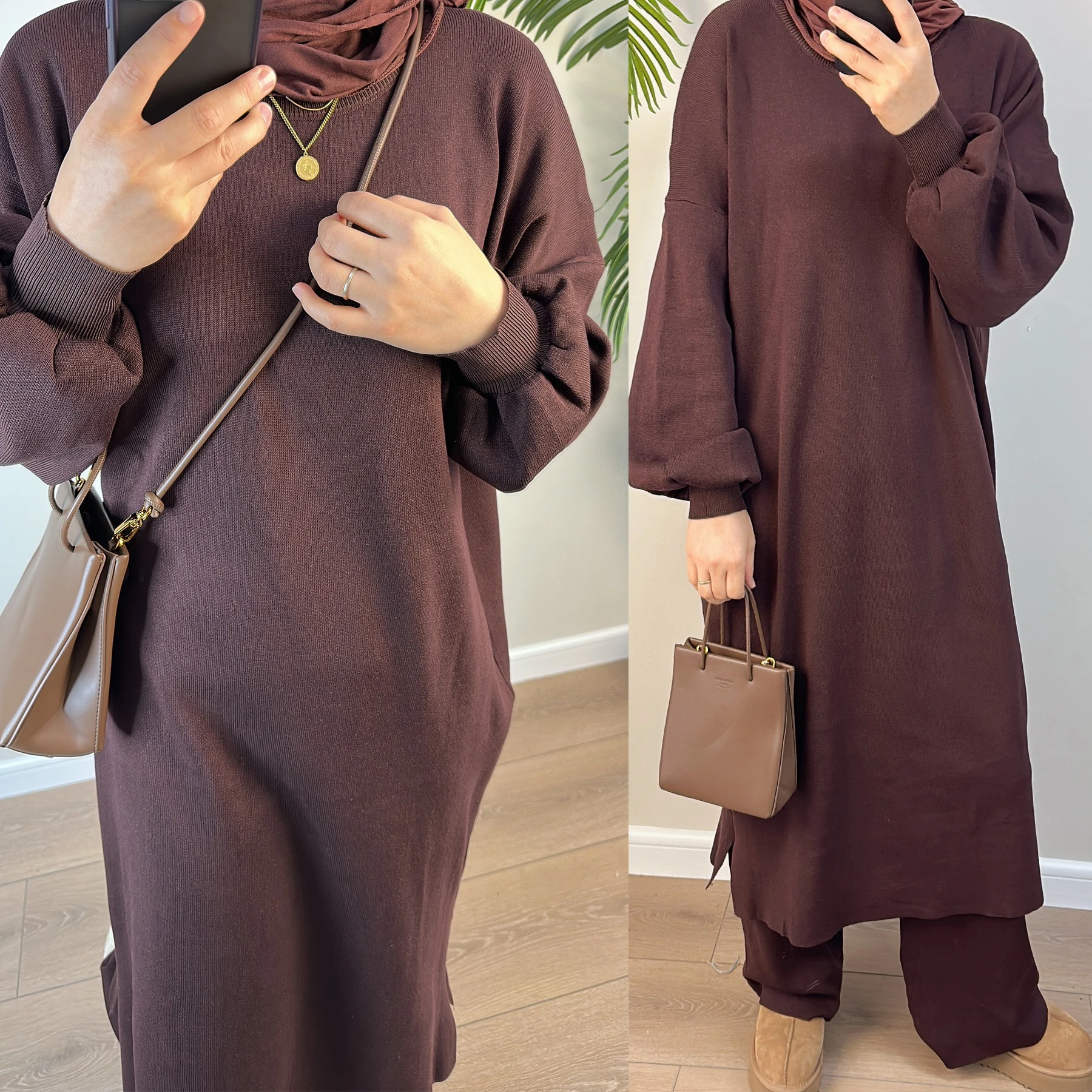 2024Islamic 2 Piece Winter Abaya Knitted Robe Pant Abaya Set Muslim Women Traditional Modest Fashion Office Clothing Sweater