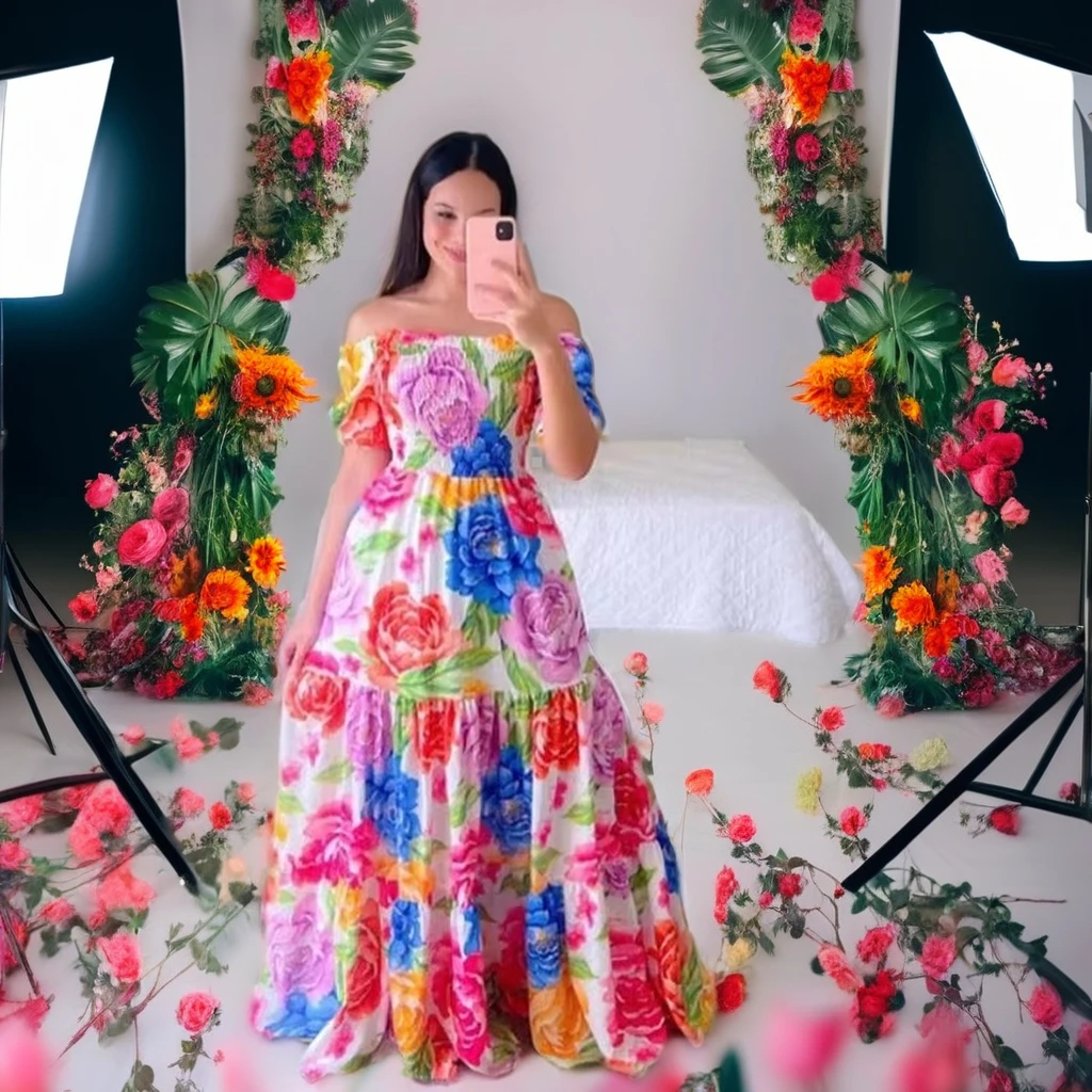 New color flower slim-fit photo dress one line shoulder floral off-the-shoulder long printed fairy dress