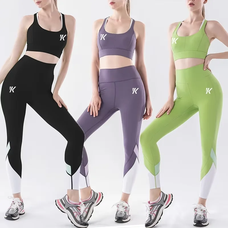 high impact cross back hollow out sports gym bra high waist butt lift color block yoga pants loungewear women sets