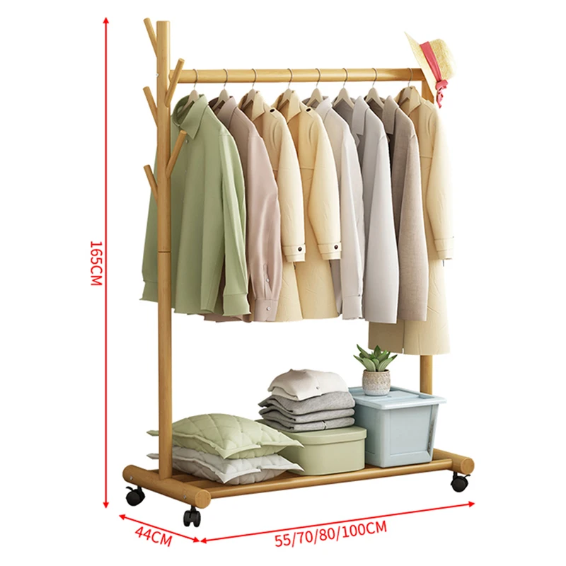 2022 Customize Free-Standing Multifunction Clothing Garment bamboo Coat Rack Cloth Rack with Basket and Wheel