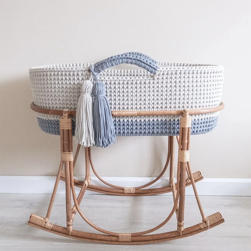 Nuohui Foldable crochet baby changing basket Handle for Newborn Nursery Moses Baskets Diaper Changing With Mattress