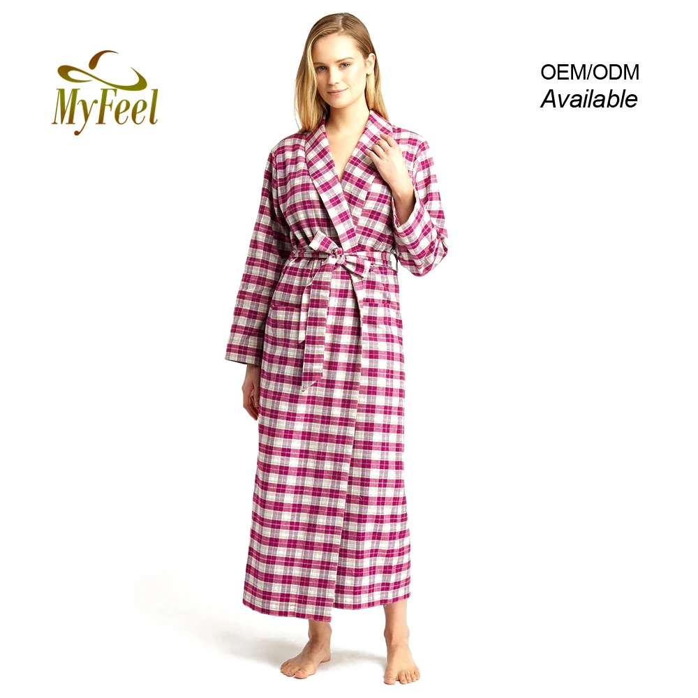 Пижамный халат в клетку из 100% хлопка с начесом, женский халат в красную клетку, банный халат с внутренними завязками и карманами, одежда для сна