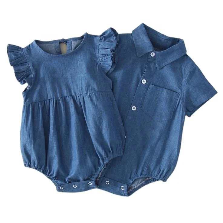 
New Fashion 0-24M infant denim twin baby clothing boy girl baby romper triangle 