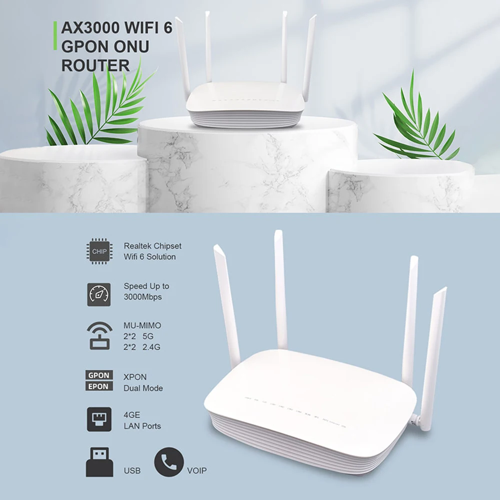 Hosecom AX3000 3000Mbps wifi 6 xpon onu modem dual band 2.4G & 5G ftth lte 5g wireless router support TR69 OMCI
