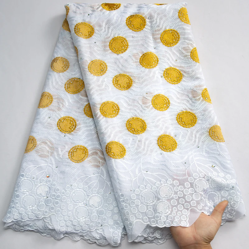 3614 Wholesale Various Designs White and Gold African Cotton Lace with Rhinestones Swiss Voile Lace Fabric For Women Dresses