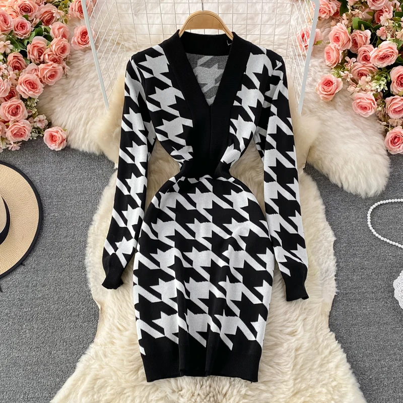 Dresses For Women 2021 Elegant Vintage Houndstooth Knitted Dress Autumn Winter V Neck Long Sleeve Mini Bodycon Dress