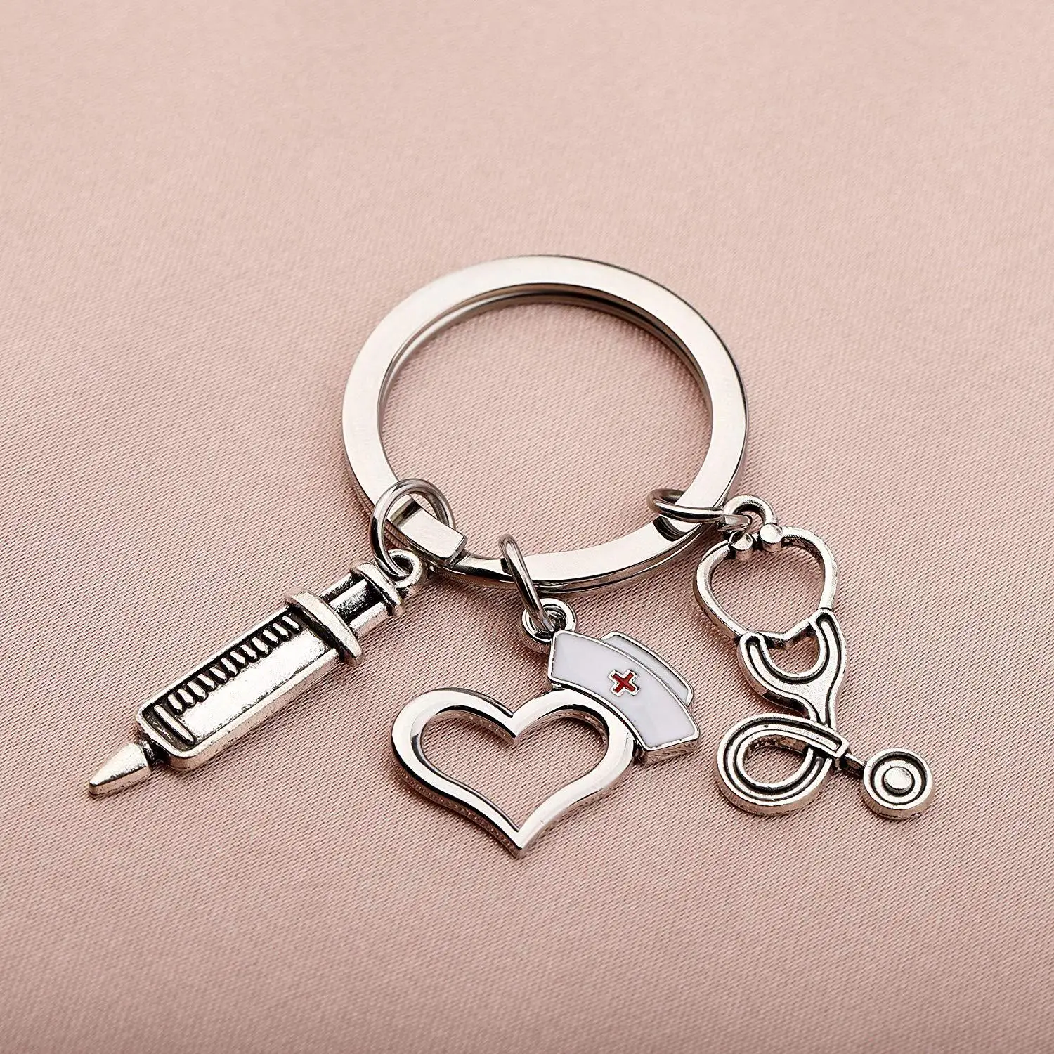 Peach Heart Shaped medical nurse metal keychain