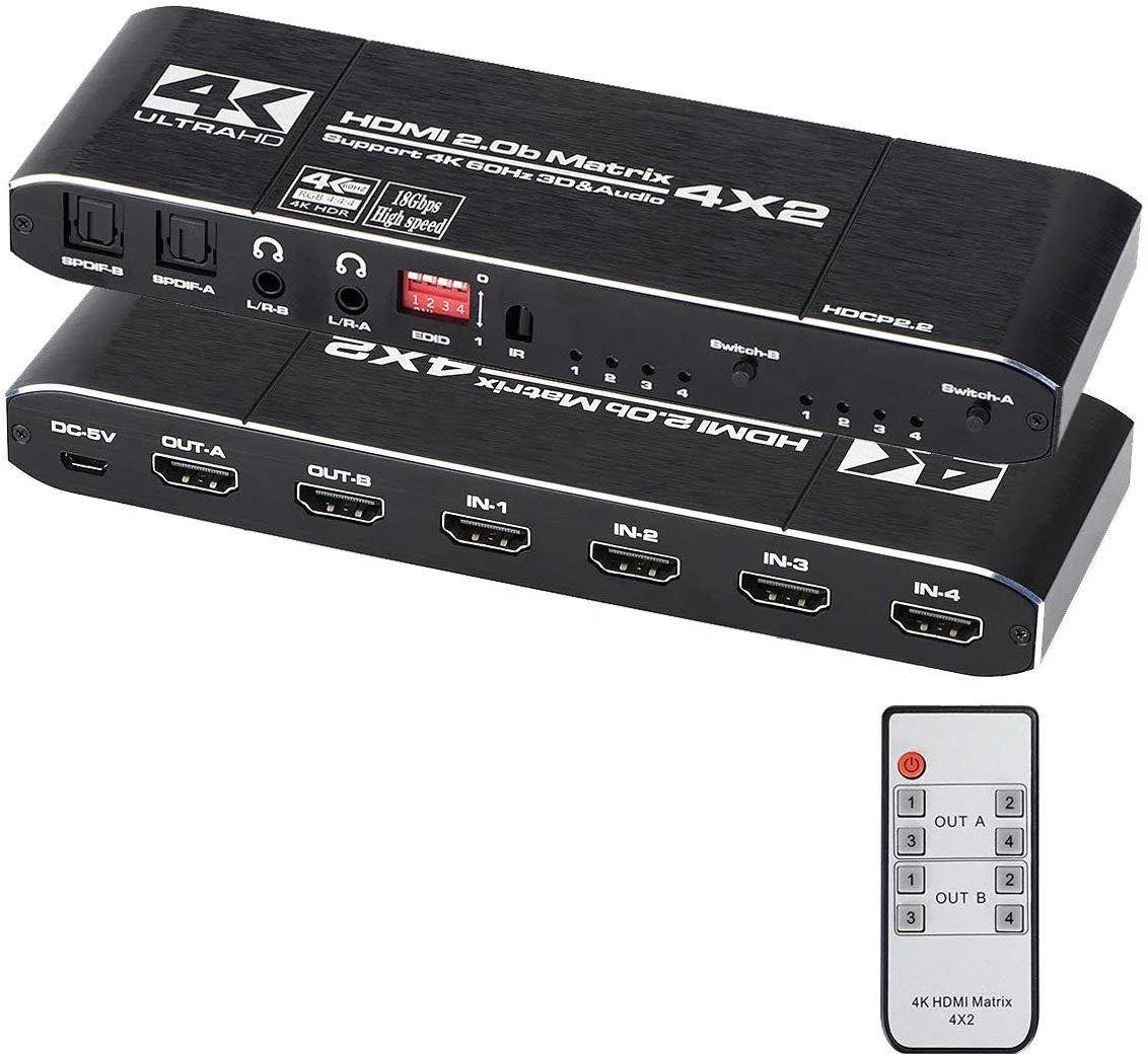 OZJ1-1 4K 60hz 4x2 HDMI 2.0B Matrix Switch 4 in 2 Out Matrix HDMI Video Switcher Splitter