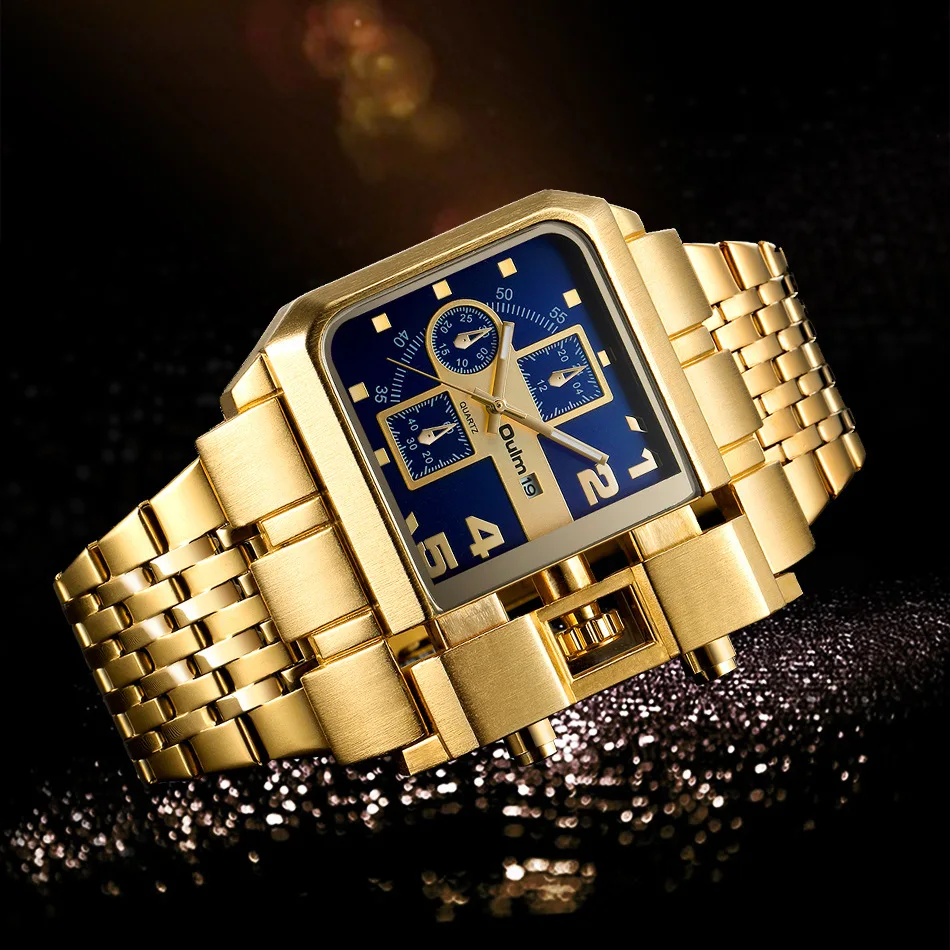 Oulm Hp3364B Large Dial Military Luxury Mens Style Casual Luminous Multifunction Alloy Quartz Square Gold Watches