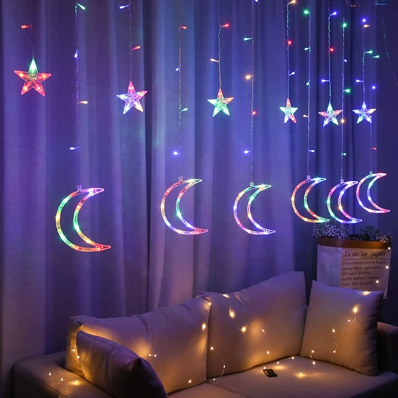 eid mubarak ramadan decorations  moon and star shape led curtain light Christmas lights Decorative lights with factory prices