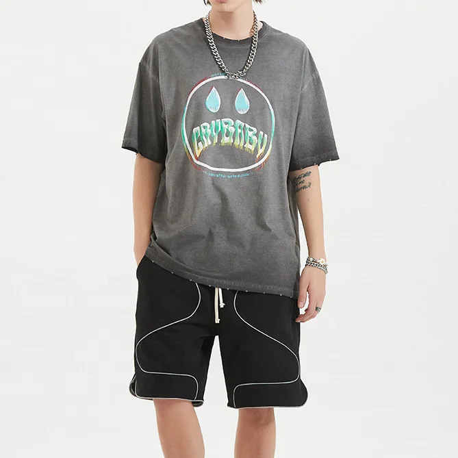 
Rock Work Out O Neck Reflective Tops Curved Hem Washed Distressed Short Sleeves T Shirt For Men 