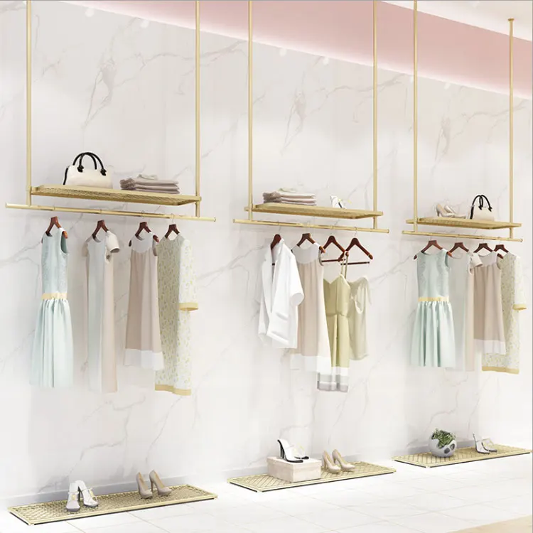 Simple Clothing Store Interior Design Customized Gold Metal Ceiling Mounted Display Racks Hanging Shelves