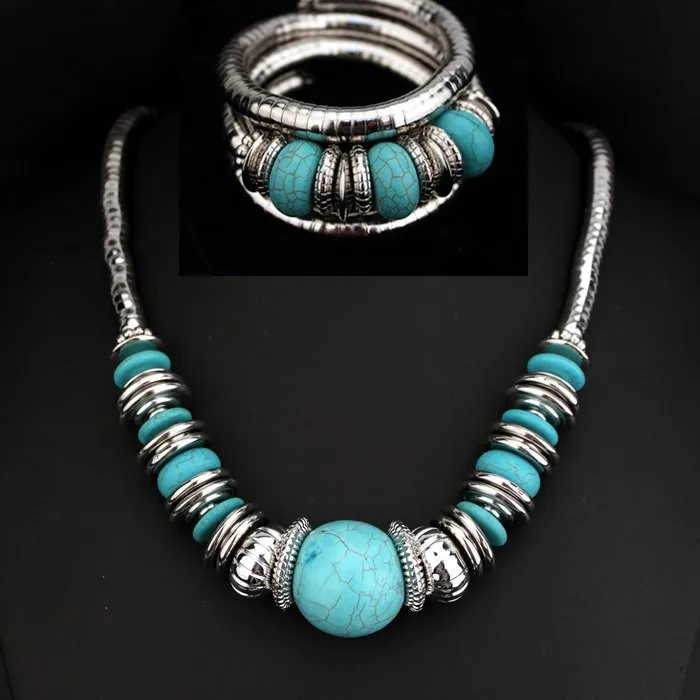 Factory Direct Bohemian Vintage Beads Turquoise Multi-layer Bracelet Necklace Earrings Three Jewelry Set Wholesale