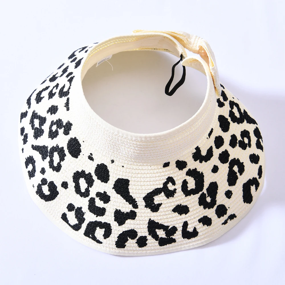 Wholesale Foldable Paper Straw Visor Hat Floppy Wide Brim Beach Summer Sun Sombreros Leopard Adjustable Women Straw Hat Visor