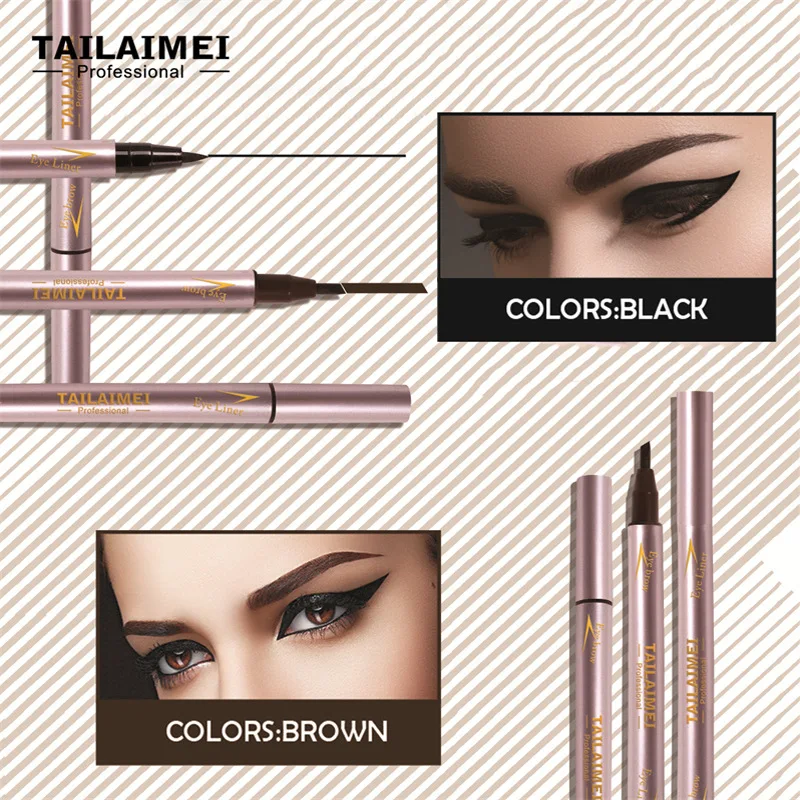 Quick-drying waterproof Two-tip eyebrow pencil and eyeliner in one  Brown and black long-lasting eyebrow pencil