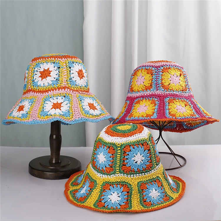 Z1100-bohemian crochet paper straw hats fisherman hat knitted bucket hat