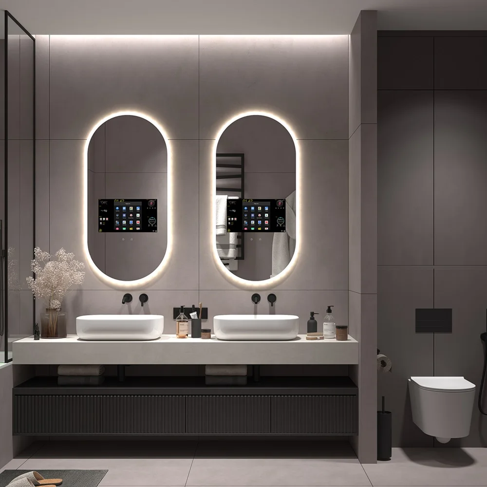 Popular  Android System Arch Bathroom LED Full Functions Smart Mirror TV with LED Lighting