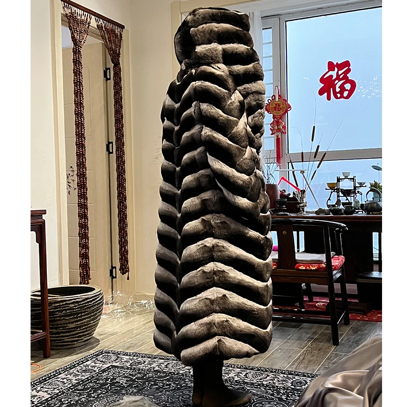 real crown chinchilla fur long coat with huge hood women plus size chinchilla fur long jacket