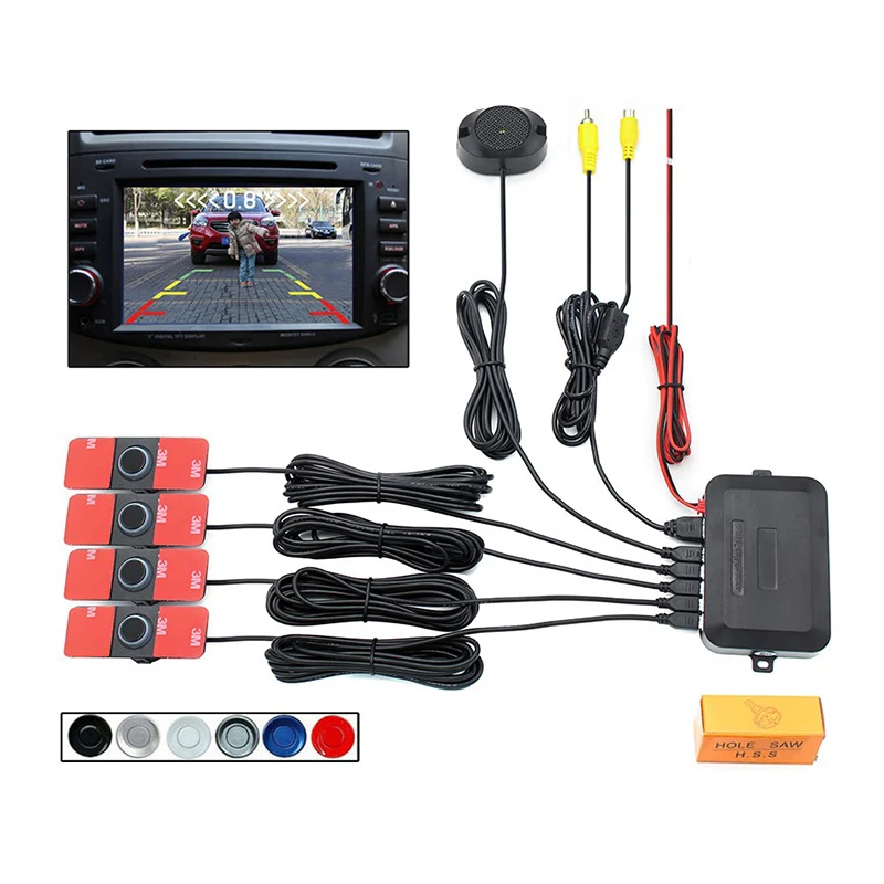 
4 Sensors Black White Gray Silver Blue Red Car Parking Sensor Reverse Backup Radar Alarm System+16.5mm Flat sensors wing 