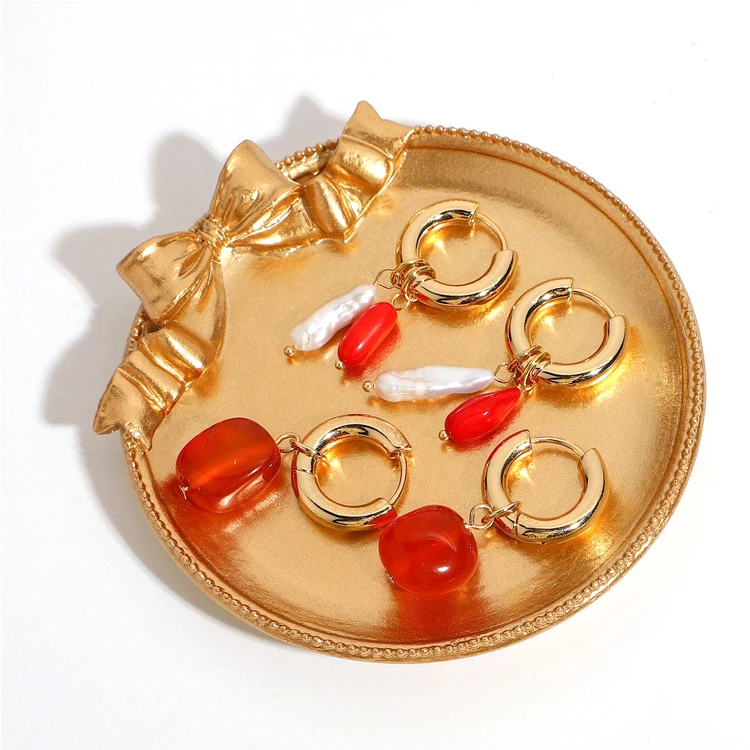 Baroque Red Corals mother of Pearl dangle Huggies drop Earring Natural Stone Crystals Pendant Hoop Earrings