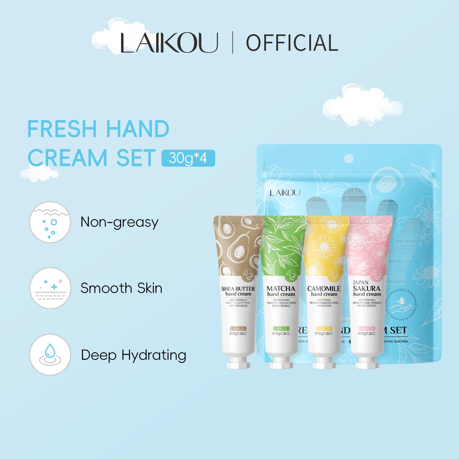 LAIKOU 4PCS Fresh Hand Cream Gift Set Vegan Shea Butter Matcha Camomile Japan Sakura Hand Cream