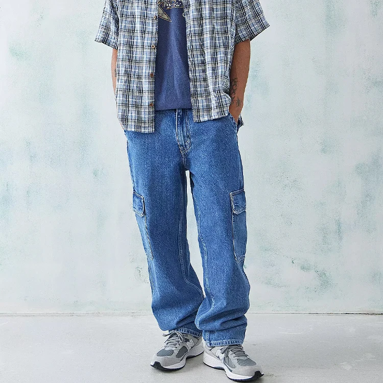 2023 Latest Design Custom cargo Jeans Men Blue Multi Pocket Work loose straight jeans pants Street Hip Hop men denim jeans