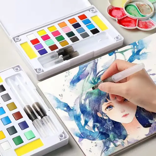 24 Color Assorted Solid Watercolor Paint Set With Water Brush