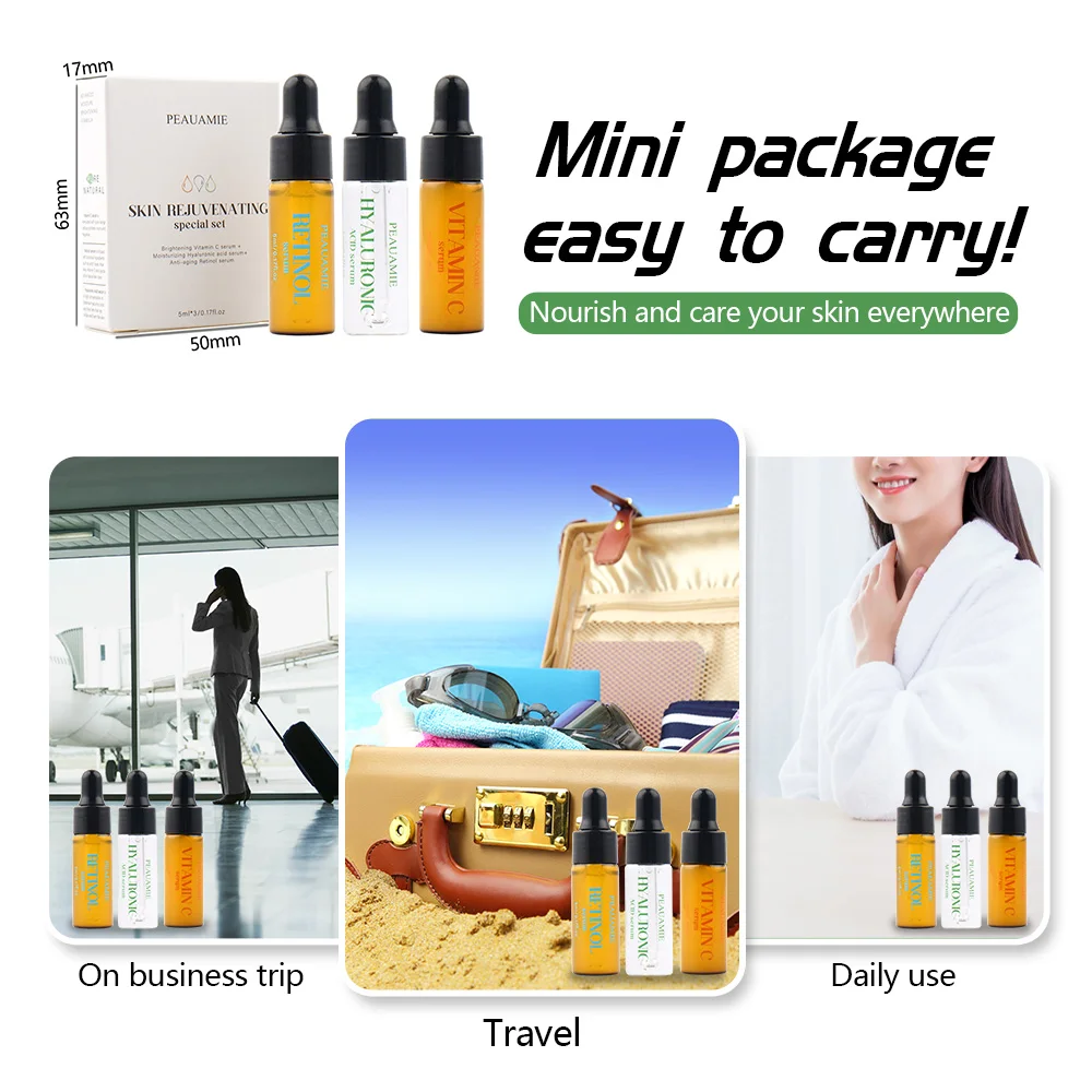 Private Label 3 In 1 Travel Skin Care Serum Sets Brightening Anti Wrinkle Vitamin A Hyaluronic Acid Vitamin C Face Serum