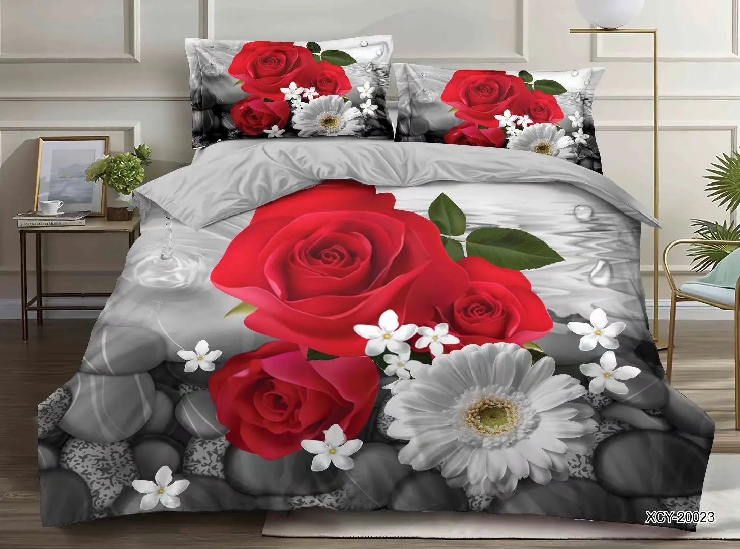 Custom Printed 3D Flower Red Rose Bed cover set 100 polyester printed 4 piece, 6 pieces bedding set