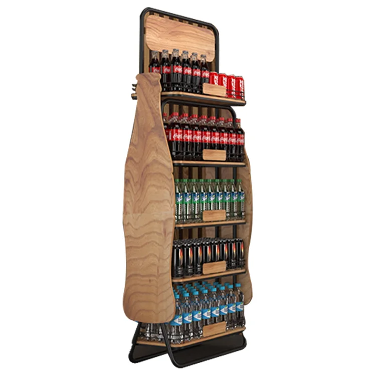 4 Layer cola bottle wood display rack floor retail display stand for liquor store