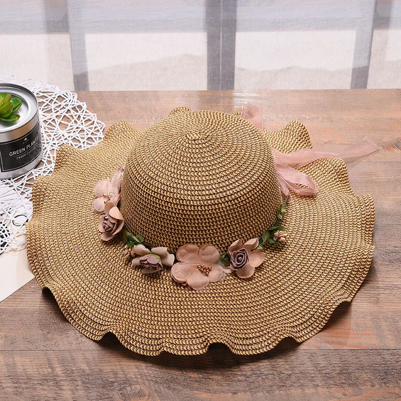 Ins Fashion Women Broad Brim Beach Hat Bowknot Summer Sun Hat Foldable Straw Hat with Flowers