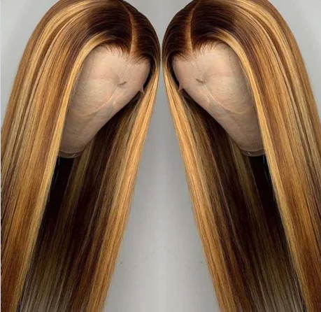 Brazilian Virgin Hair Glueless Piano Color Highlight Straight Wig Wholesale Ombre Brown Human Hair Pre-cut Lace Front wigs