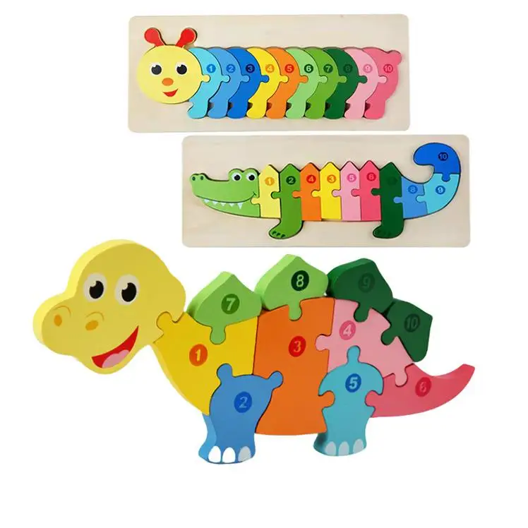 Teka teki 3-year-old children wooden animal puzzle 3d puzzle hand grasping board dinosaur digital building block toy