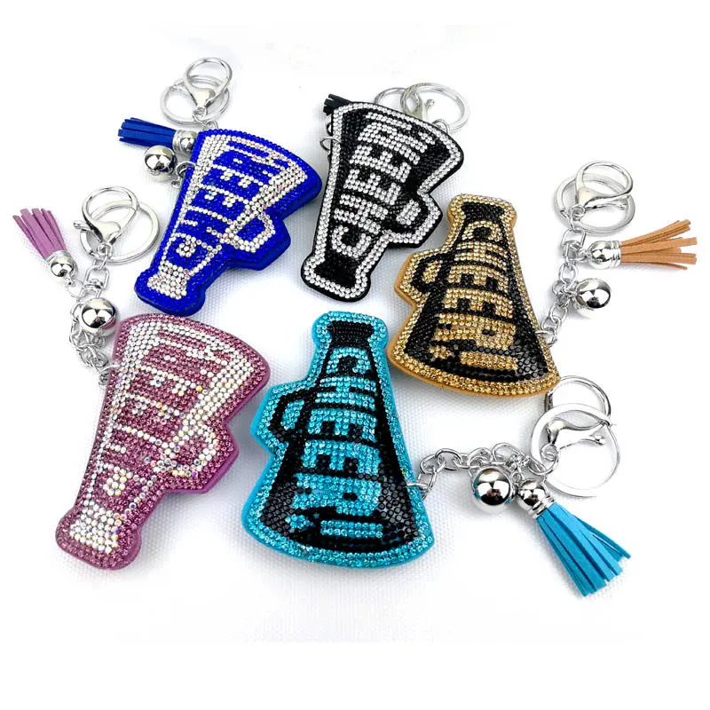 New Design Keychain Wholesale Gold Plated Colorful red /gold megaphone CHEER shape Pendant Keychain With Tassel Leather
