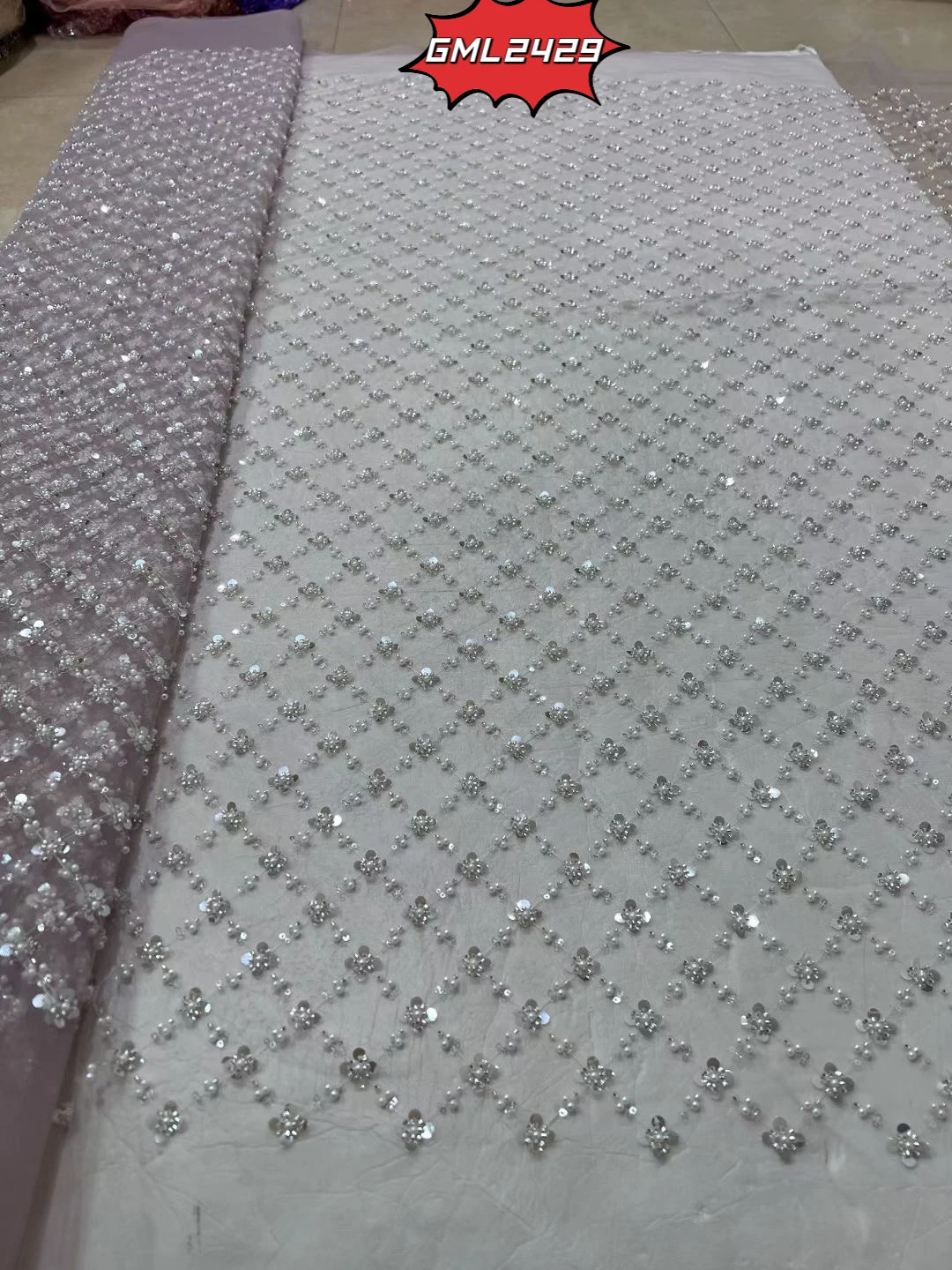 metallic lace fabric pink lilac lace French Lace bridal crystal sequins heavy white embroidery beads sequins For Wedding fabric