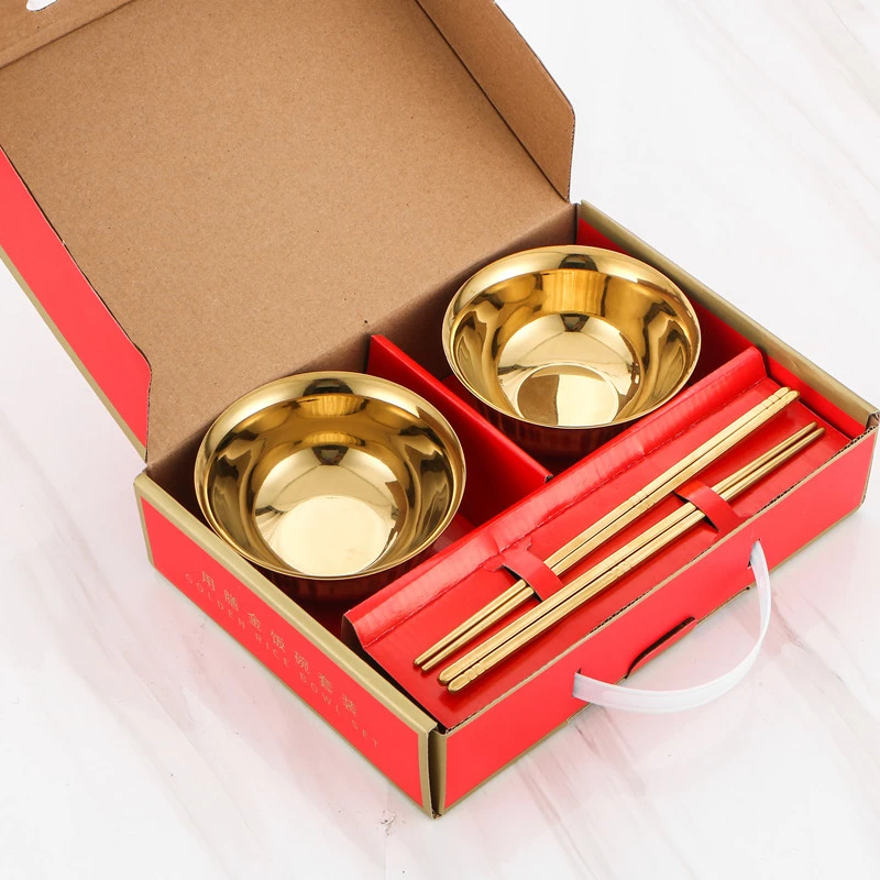 Ready to ship golden stainless steel  bowls set with chopsticks
